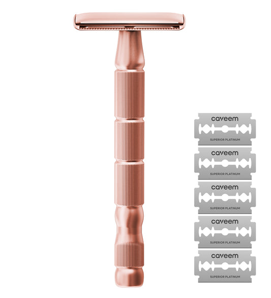 Reusable Metal Razor With 5 Stainless Steel Safety Razor Blades – Rose Gold
