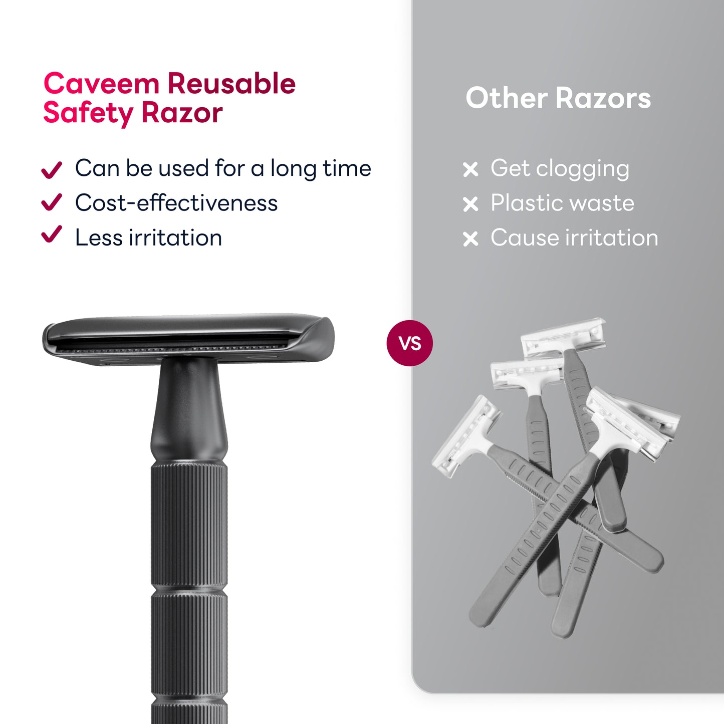 Reusable Metal Razor with 5 Stainless Steel Razor Blades– Gun Metal Black