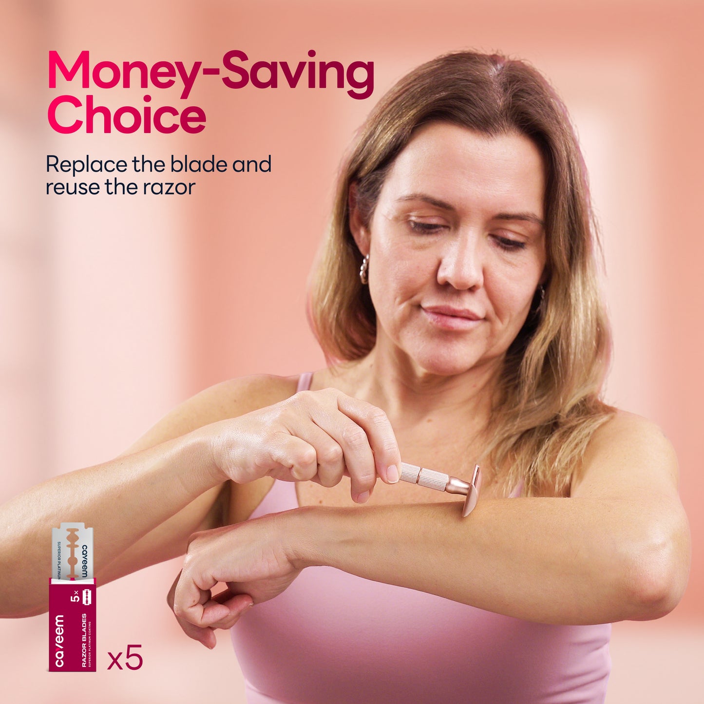 Reusable Metal Razor With 5 Stainless Steel Safety Razor Blades – Rose Gold