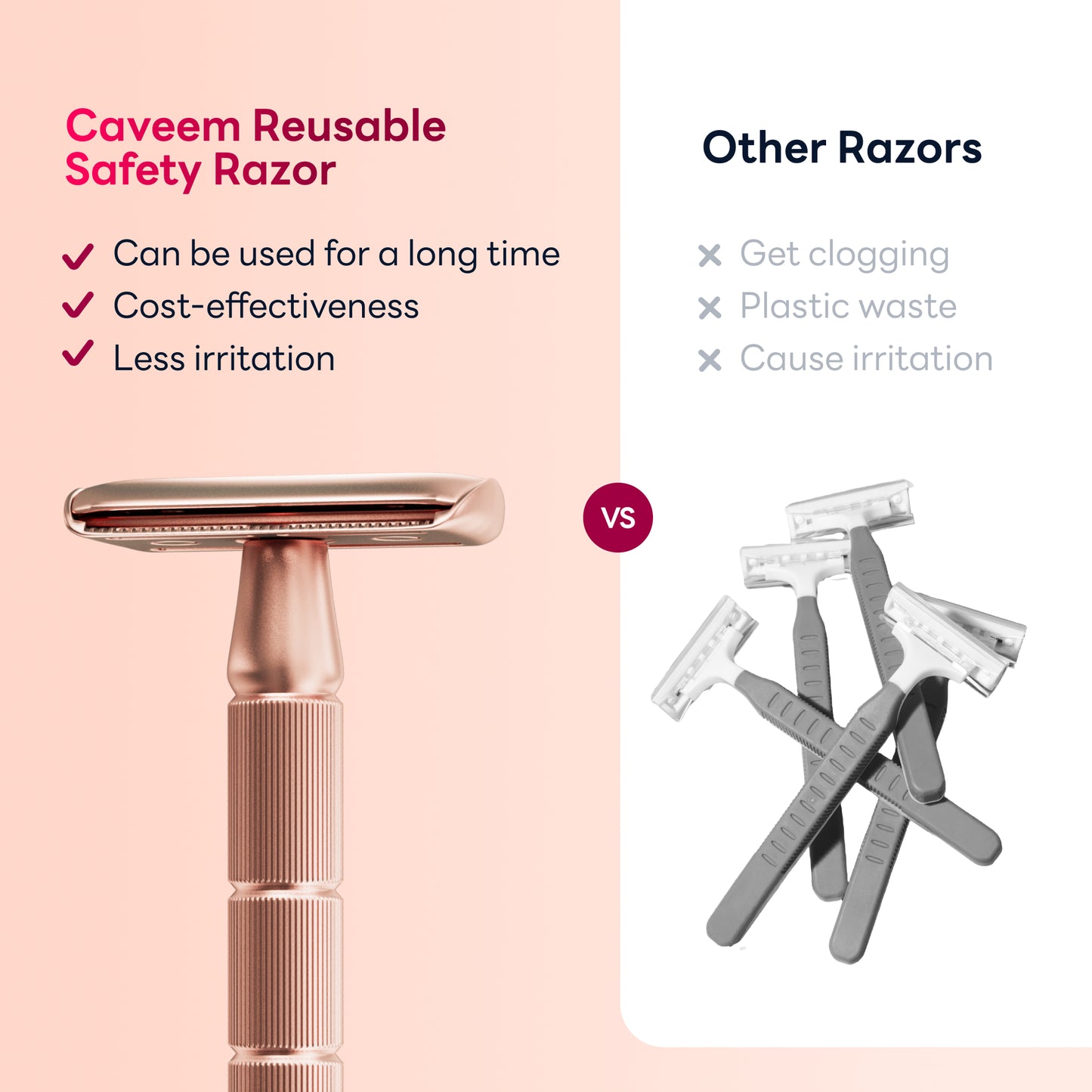 Reusable Metal Razor With 5 Stainless Steel Safety Razor Blades – Rose Gold