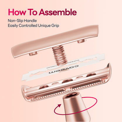 Reusable Metal Razor With 5 Stainless Steel Safety Razor Blades – Rose Gold